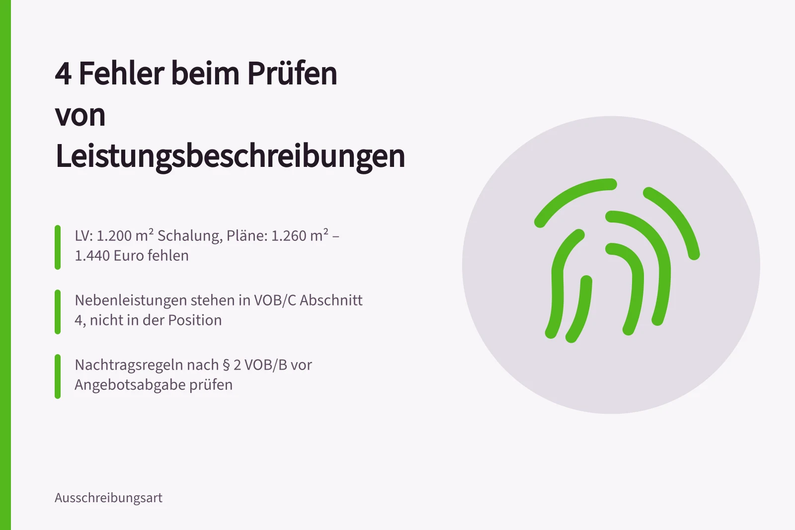 Karte zu vier Prüffehlern bei Leistungsbeschreibungen im Vergabeverfahren