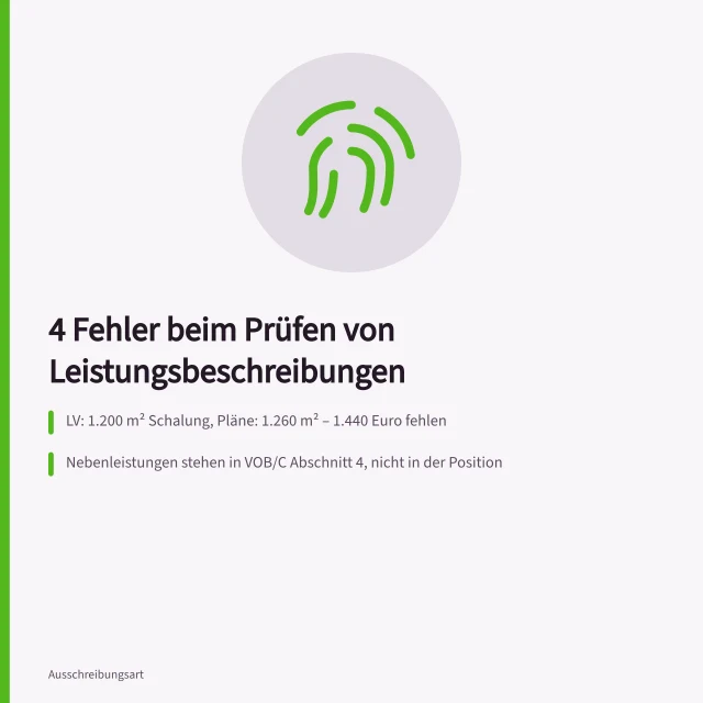 Karte zu vier Prüffehlern bei Leistungsbeschreibungen im Vergabeverfahren. 4 Fehler beim Prüfen von Leistungsbeschreibungen im Vergabeverfahren