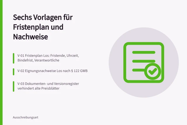 Karte zu sechs Vorlagen für Fristenpläne und Nachweislisten in Ausschreibungen. 6 Vorlagen für Fristenpläne und Nachweislisten in Ausschreibungen