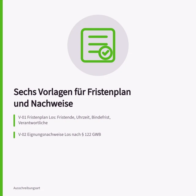 Karte zu sechs Vorlagen für Fristenpläne und Nachweislisten in Ausschreibungen. 6 Vorlagen für Fristenpläne und Nachweislisten in Ausschreibungen