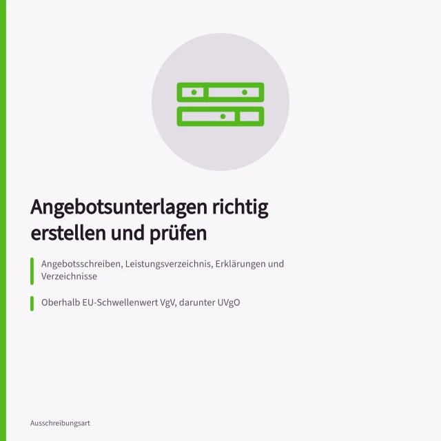 Karte zu Bestandteilen, Rechtsrahmen und Fristen von Angebotsunterlagen. Angebotsunterlagen strukturiert erstellen und prüfen