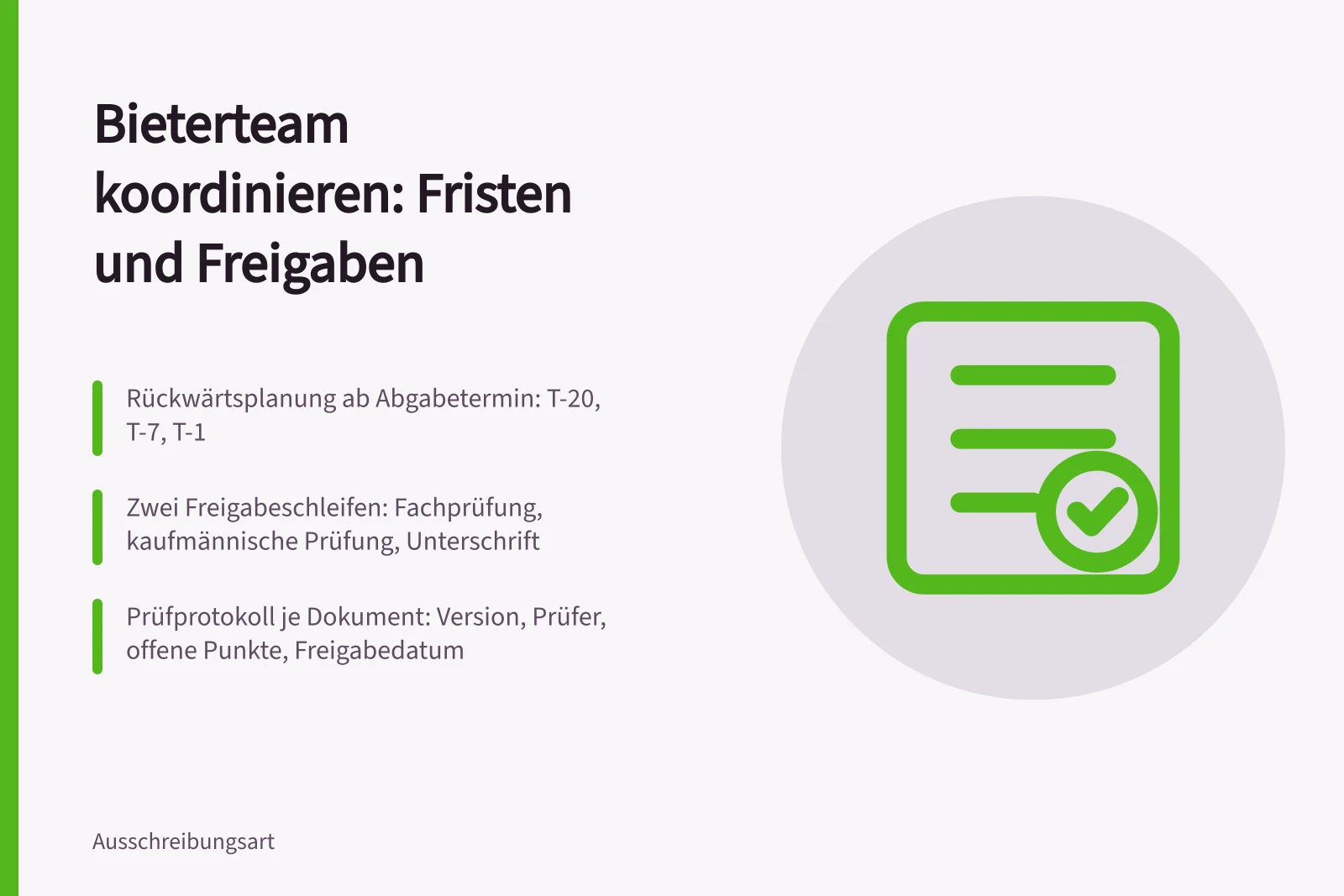 Karte zu Fristen, Freigabeschleifen und Prüfprotokollen im Bieterteam