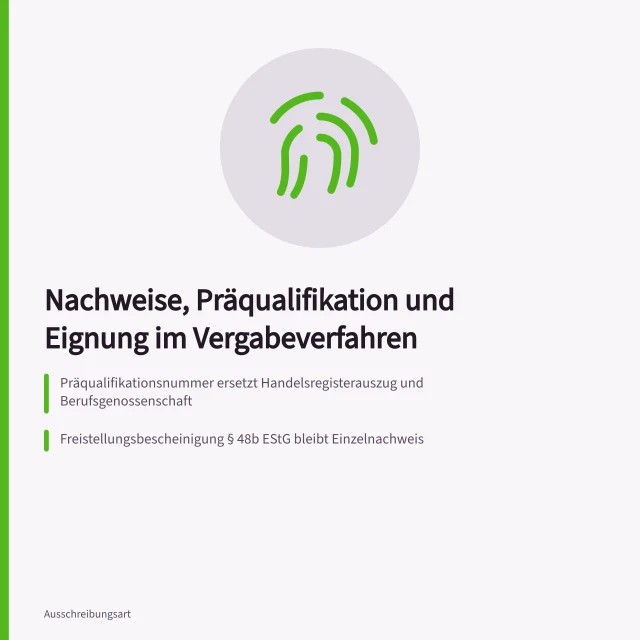 Karte zu Nachweisen, Präqualifikation und Eignung im Vergabeverfahren. Ersetzen Erklärungen und Verzeichniseinträge in Vergabeunterlagen separate Nachweise?