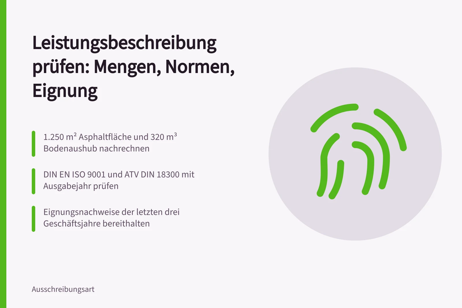 Prüfblöcke für Mengen, Normverweise und Eignungsanforderungen in Vergabeunterlagen