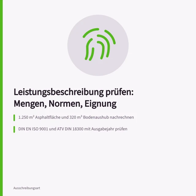 Prüfblöcke für Mengen, Normverweise und Eignungsanforderungen in Vergabeunterlagen. Leistungsbeschreibung prüfen: Mengen, Normen und Eignungsanforderungen