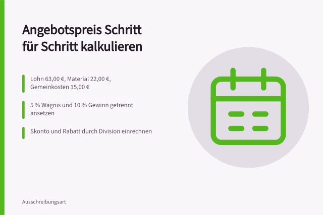 Kalkulationsschema mit Lohn, Material, Gemeinkosten, Wagnis, Gewinn, Skonto und Rabatt. Preisangaben in Ausschreibungen nachvollziehbar kalkulieren