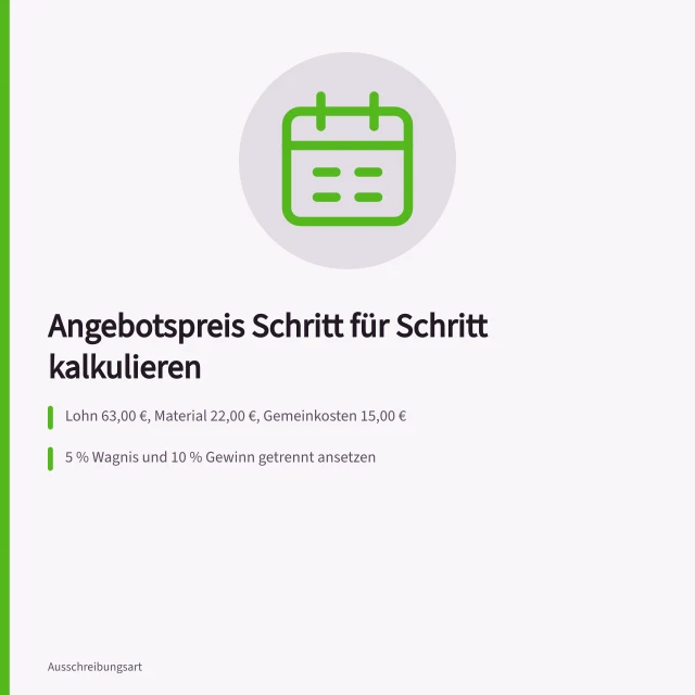 Kalkulationsschema mit Lohn, Material, Gemeinkosten, Wagnis, Gewinn, Skonto und Rabatt. Preisangaben in Ausschreibungen nachvollziehbar kalkulieren